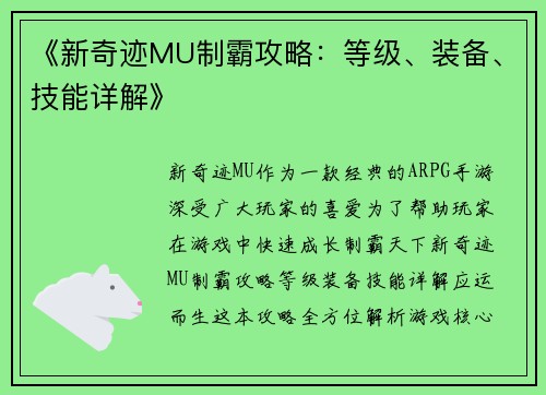 《新奇迹MU制霸攻略：等级、装备、技能详解》